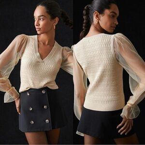 Maeve Anthropologie Cream Sheer Sleeve V Neck Sweater Romantic Pullover XL